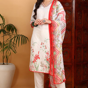 White Rayon Blend Floral Printed Straight Suit Set PKSKD2415