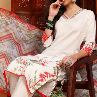 White Rayon Blend Floral Printed Straight Suit Set PKSKD2415