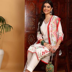 White Rayon Blend Floral Printed Straight Suit Set PKSKD2415