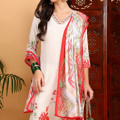 White Rayon Blend Floral Printed Straight Suit Set PKSKD2415