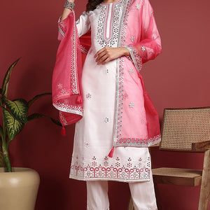 White Silk Blend Solid Embroidered Straight Suit Set PKSKD2422