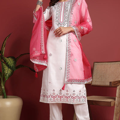 White Silk Blend Solid Embroidered Straight Suit Set PKSKD2422