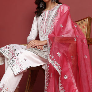 White Silk Blend Solid Embroidered Straight Suit Set PKSKD2422