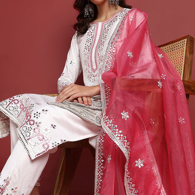 White Silk Blend Solid Embroidered Straight Suit Set PKSKD2422