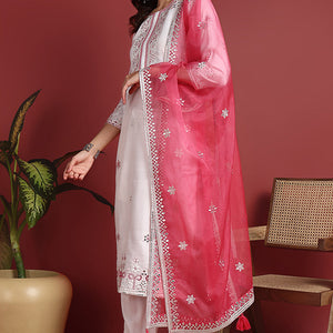 White Silk Blend Solid Embroidered Straight Suit Set PKSKD2422