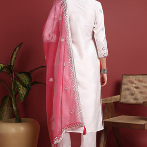 White Silk Blend Solid Embroidered Straight Suit Set PKSKD2422