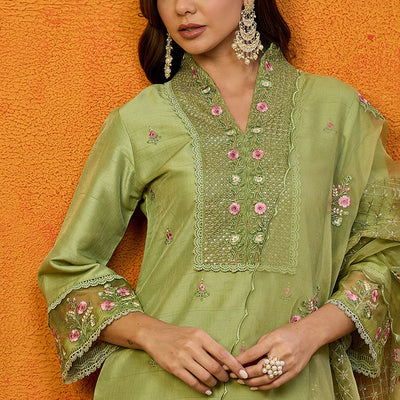 Green Silk Blend Solid Embroidered Straight Suit Set PKSKD2428