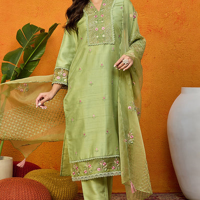 Green Silk Blend Solid Embroidered Straight Suit Set PKSKD2428