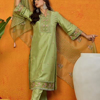 Green Silk Blend Solid Embroidered Straight Suit Set PKSKD2428