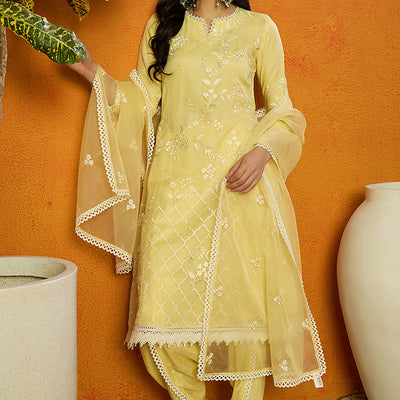Yellow Organza Solid Embroidered A-Line Dhoti Bottom Suit Set PKSKD2433