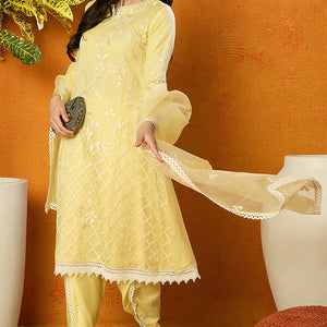 Yellow Organza Solid Embroidered A-Line Dhoti Bottom Suit Set PKSKD2433