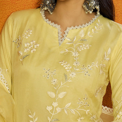 Yellow Organza Solid Embroidered A-Line Dhoti Bottom Suit Set PKSKD2433
