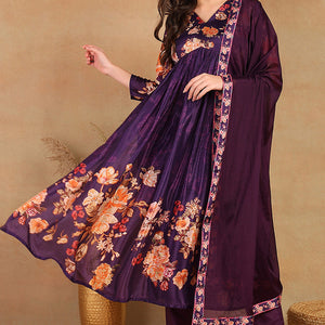 Purple Silk Blend Floral Printed Straight Trouser Bottom Suit Set PKSKD2435