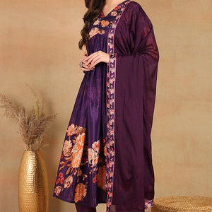 Purple Silk Blend Floral Printed Straight Trouser Bottom Suit Set PKSKD2435