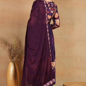 Purple Silk Blend Floral Printed Straight Trouser Bottom Suit Set PKSKD2435
