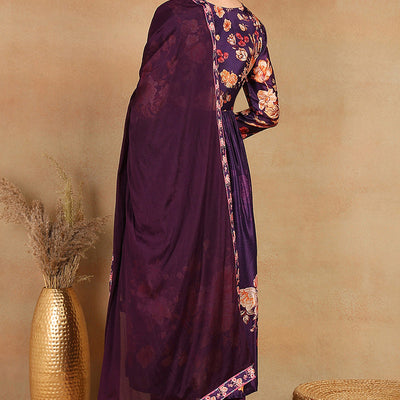 Purple Silk Blend Floral Printed Straight Trouser Bottom Suit Set PKSKD2435