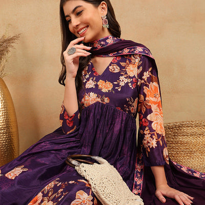 Purple Silk Blend Floral Printed Straight Trouser Bottom Suit Set PKSKD2435