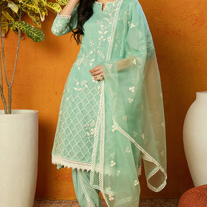 Sea Green Organza Solid Embroidered A-Line Dhoti Style Suit Set PKSKD2438