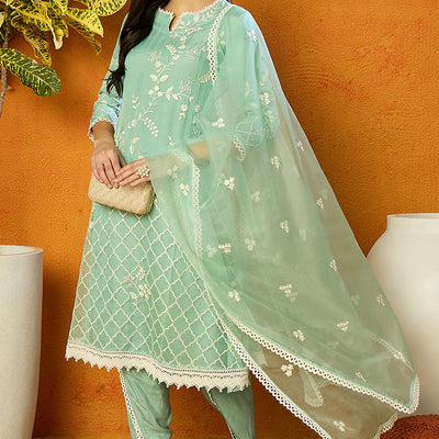 Sea Green Organza Solid Embroidered A-Line Dhoti Style Suit Set PKSKD2438