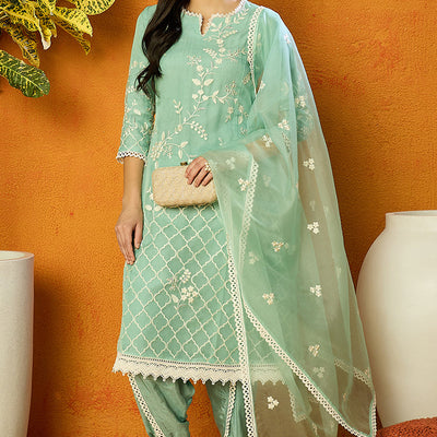 Sea Green Organza Solid Embroidered A-Line Dhoti Style Suit Set PKSKD2438