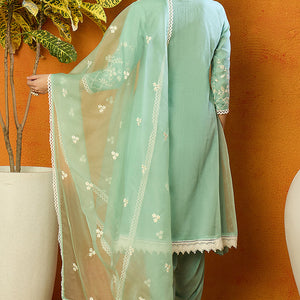 Sea Green Organza Solid Embroidered A-Line Dhoti Style Suit Set PKSKD2438