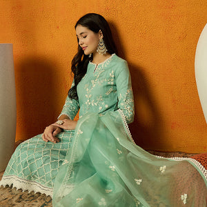 Sea Green Organza Solid Embroidered A-Line Dhoti Style Suit Set PKSKD2438