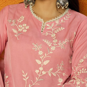 Pink Organza Solid Embroidered A-Line Dhoti Style Suit Set PKSKD2439