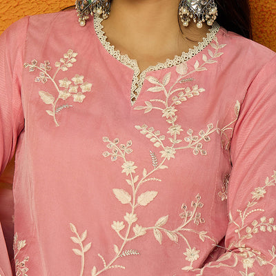 Pink Organza Solid Embroidered A-Line Dhoti Style Suit Set PKSKD2439