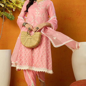 Pink Organza Solid Embroidered A-Line Dhoti Style Suit Set PKSKD2439