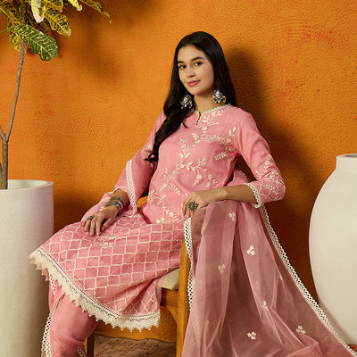 Pink Organza Solid Embroidered A-Line Dhoti Style Suit Set PKSKD2439