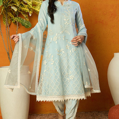 Blue Organza Solid Embroidered A-Line Dhoti Style Suit Set PKSKD2440