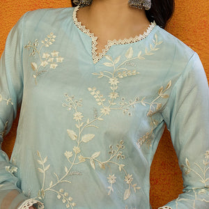 Blue Organza Solid Embroidered A-Line Dhoti Style Suit Set PKSKD2440