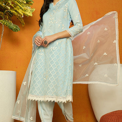 Blue Organza Solid Embroidered A-Line Dhoti Style Suit Set PKSKD2440