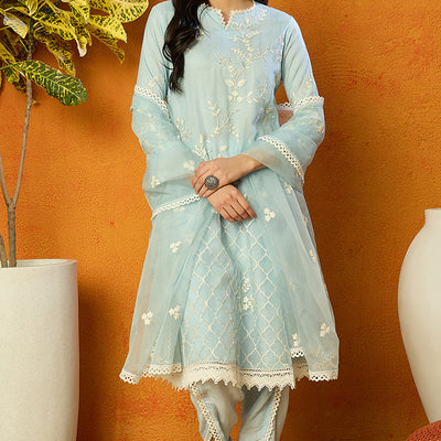 Blue Organza Solid Embroidered A-Line Dhoti Style Suit Set PKSKD2440