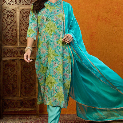 Blue Cotton Blend Bandhani Printed Straight Suit Set PKSKD2441
