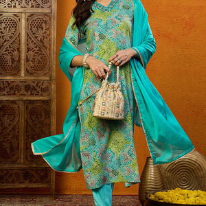 Blue Cotton Blend Bandhani Printed Straight Suit Set PKSKD2441