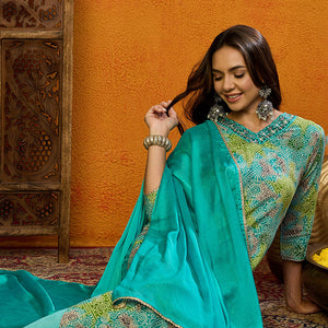 Blue Cotton Blend Bandhani Printed Straight Suit Set PKSKD2441