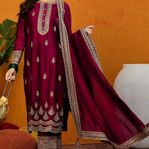 Maroon Silk Blend Solid Embroidered Straight Suit Set PKSKD2442