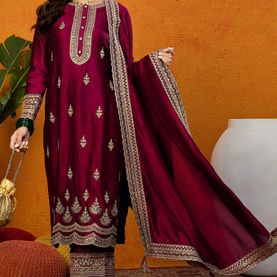 Maroon Silk Blend Solid Embroidered Straight Suit Set PKSKD2442