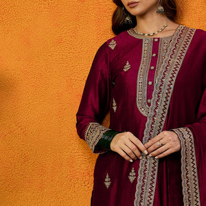 Maroon Silk Blend Solid Embroidered Straight Suit Set PKSKD2442