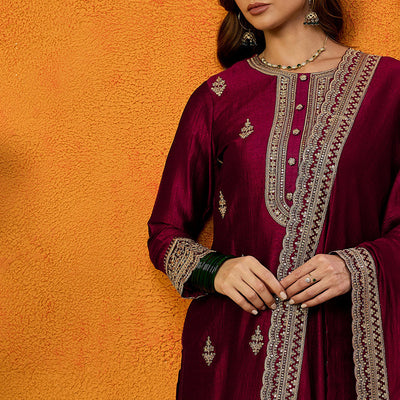 Maroon Silk Blend Solid Embroidered Straight Suit Set PKSKD2442