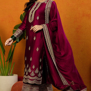 Maroon Silk Blend Solid Embroidered Straight Suit Set PKSKD2442