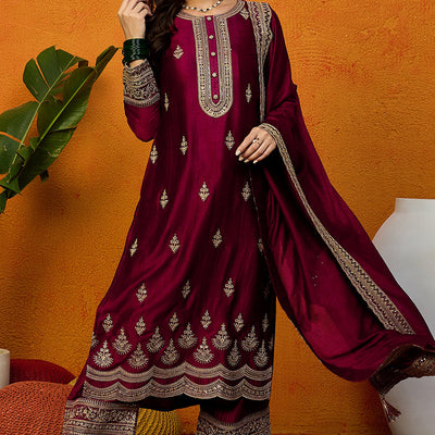 Maroon Silk Blend Solid Embroidered Straight Suit Set PKSKD2442