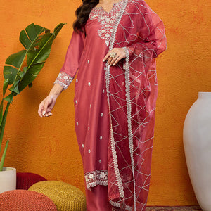 Rust Red Silk Blend Solid Embroidered Straight Suit Set PKSKD2444