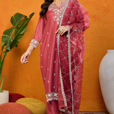 Rust Red Silk Blend Solid Embroidered Straight Suit Set PKSKD2444