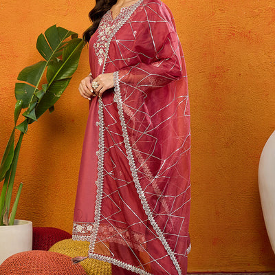 Rust Red Silk Blend Solid Embroidered Straight Suit Set PKSKD2444