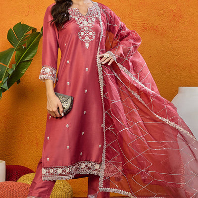 Rust Red Silk Blend Solid Embroidered Straight Suit Set PKSKD2444