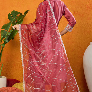 Rust Red Silk Blend Solid Embroidered Straight Suit Set PKSKD2444