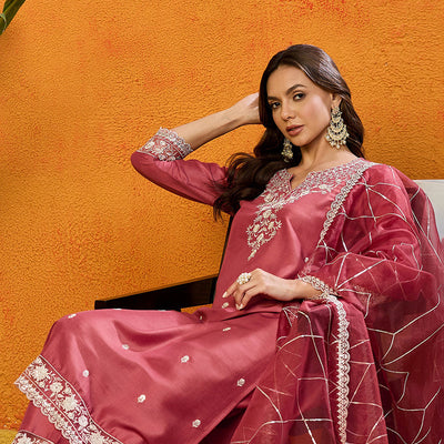 Rust Red Silk Blend Solid Embroidered Straight Suit Set PKSKD2444