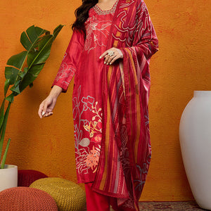 Red Silk Blend Floral Printed Straight Suit Set PKSKD2458
